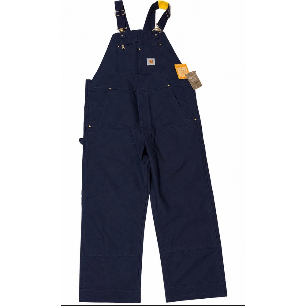 Carhartt R01 Duck Bib Overalls Mens 34x28 Navy Blue Double knee Work Dungarees